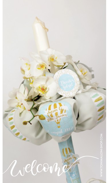 Lumanare de botez cu flori si baloane de aer cald, 65x4 cm, Mint & Gold Balloons  3